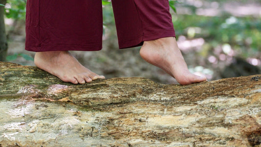 Einfache Gehmeditation: Ein Fotoausschnitt auf dem man Füße sieht, die auf einem Baumstamm laufen oder stehen